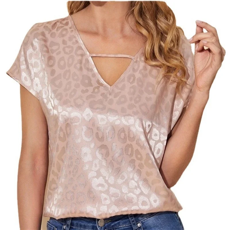 

Fashionable New Satin Jacquard V-neck Loose Short-sleeved Women's Clothing Three-color Leopard Print Sexy Women's T-shirt