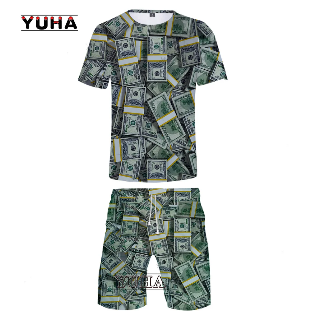 Men's Fashion Tracksuit Summer Dollars The United States 3D Print Casual Underwear Hip Hop Set Creative Man Two-piece Money Suit