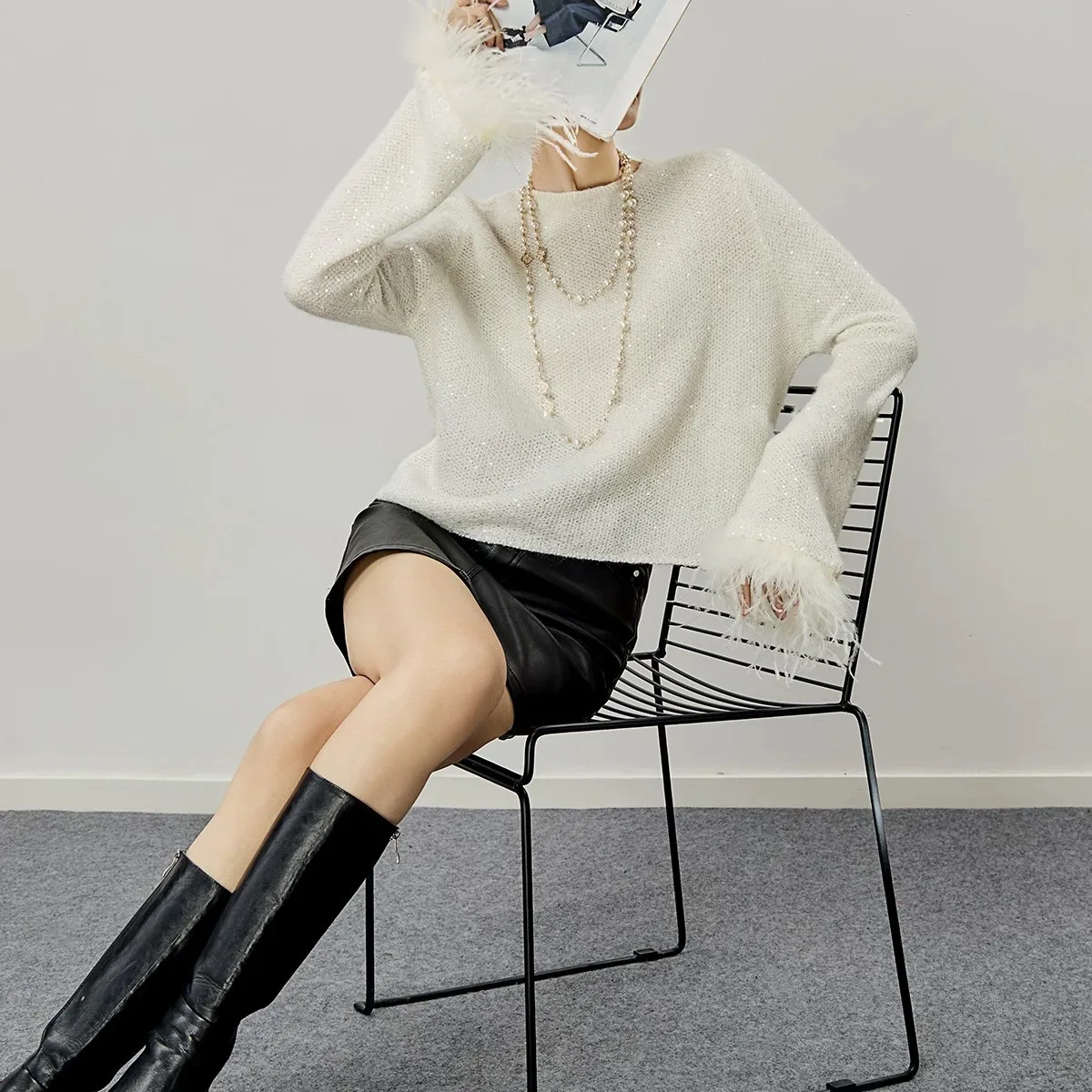 Осень-зима новый вязаный пуловер женский сексуальный свободный свитер модный