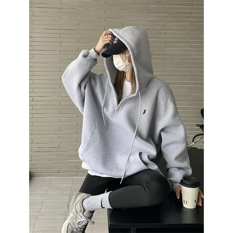 

Spring Women Sweatshirt Hoodie Vintage Solid Long Sleeve Korean Fashion Zipper Casual Y2K Autumn Female Pullover Tops Hoodies
