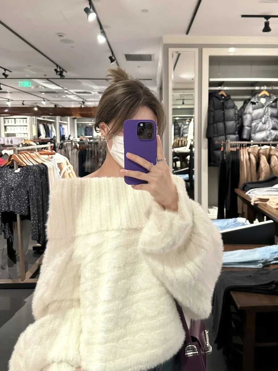 Женский белый вязаный свитер Harajuku 90-х Y2k однотонный джемпер с разрезом на шее и