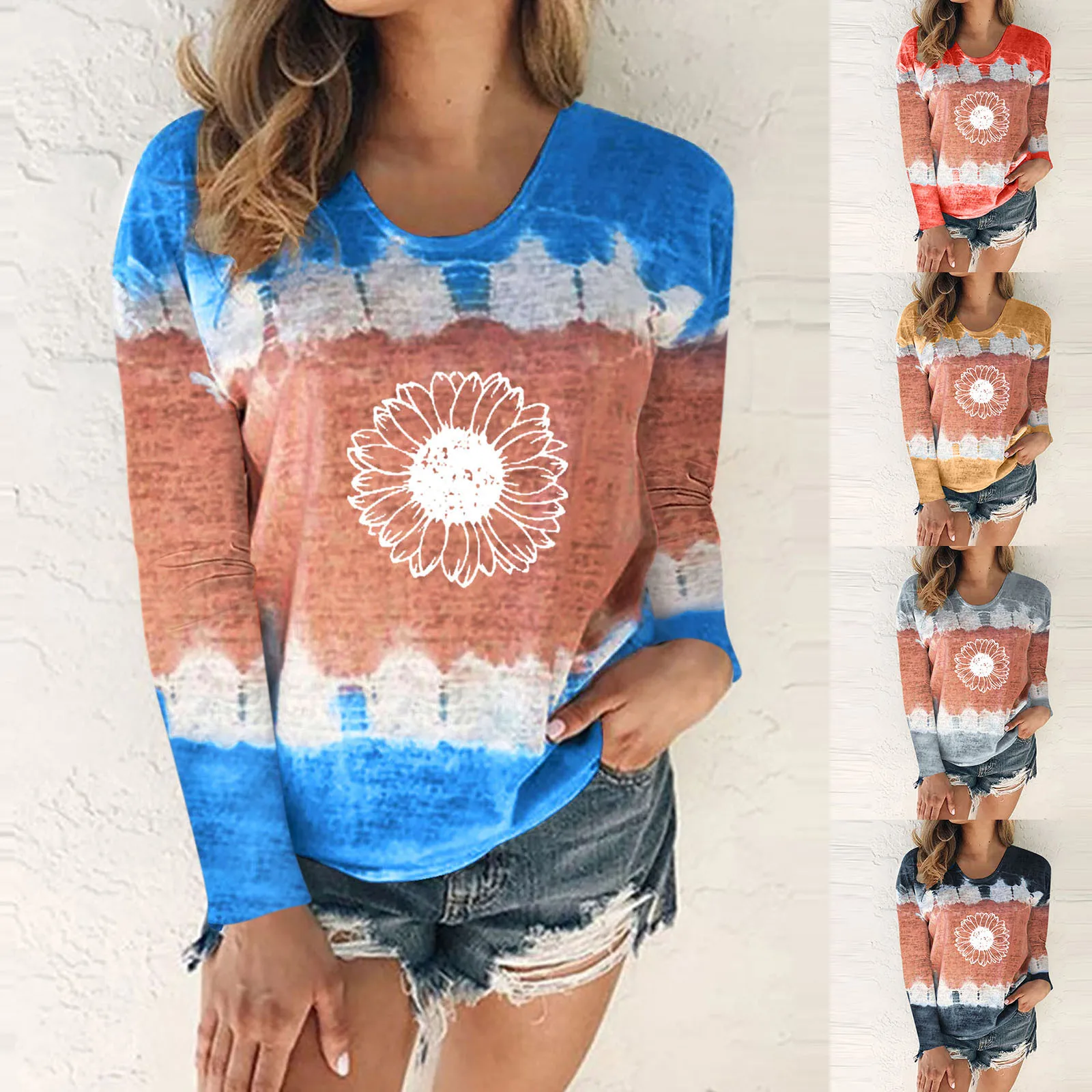 

Womens Casual Fashion Round Neck Tie Dye Printing Long Sleeve T Shirt Fall Shirts for Women Womens Long Sleeve Winter Shirt
