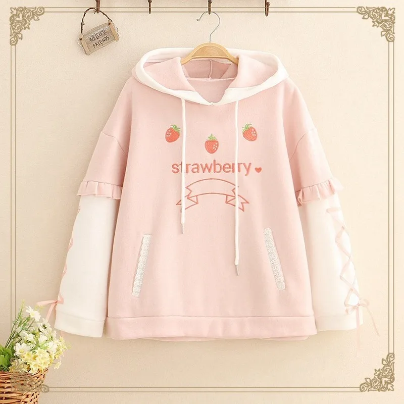 

Японская Толстовка Harajuku Kawaii Lolita Флисовая теплая шнуровка Розовый пуловер Женская зимняя милая Клубника утепленная толстовка с капюшоном