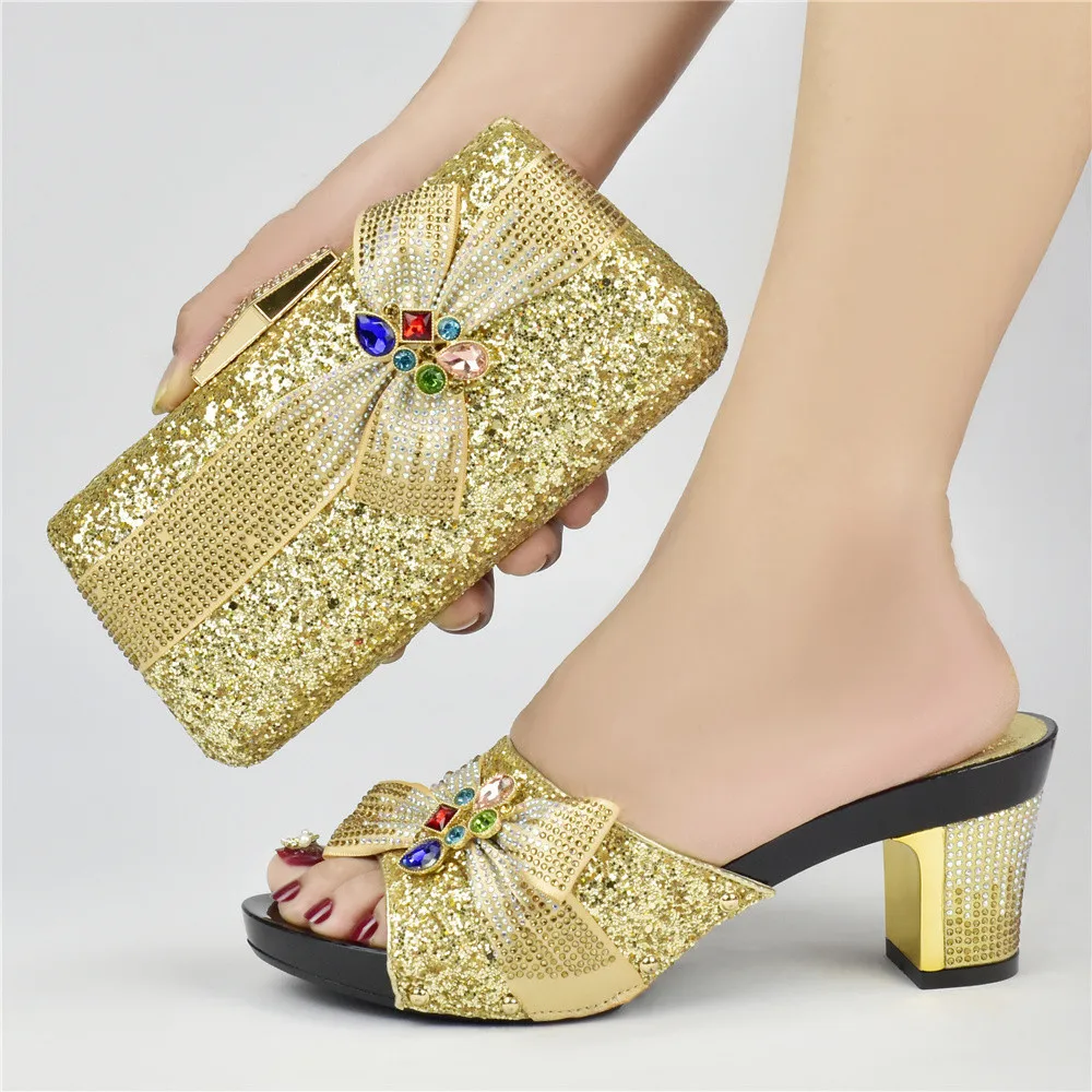 

Italian Design 2022 Newest Royal Golden Color Fashion Unique Style Concise Party Wedding Ladies Shoes and Bag Set