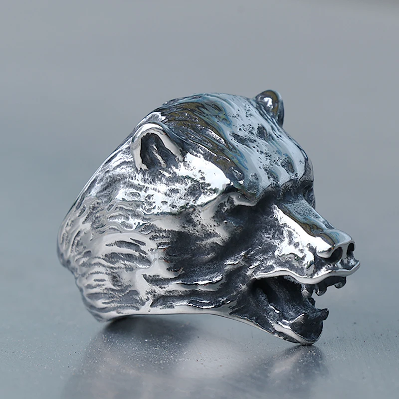 

Cool Viking Stainless Steel Bear Head Animal Ring Jungle Master Slavic Raging Bear Head Ring Men's Biker Fashion Jewelry