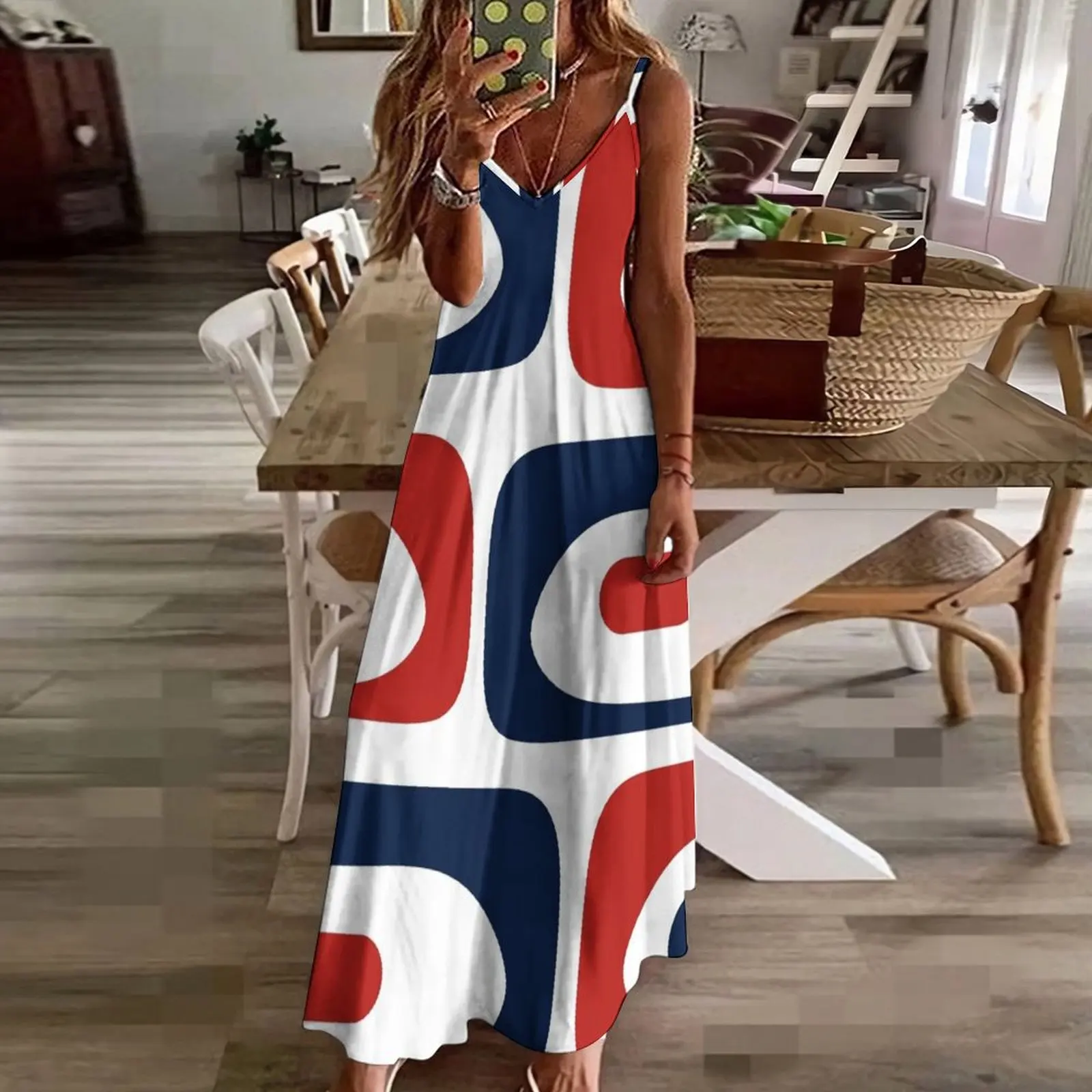 Платье Минималистичный Абстрактный Узор Красный Белый Морской Синий