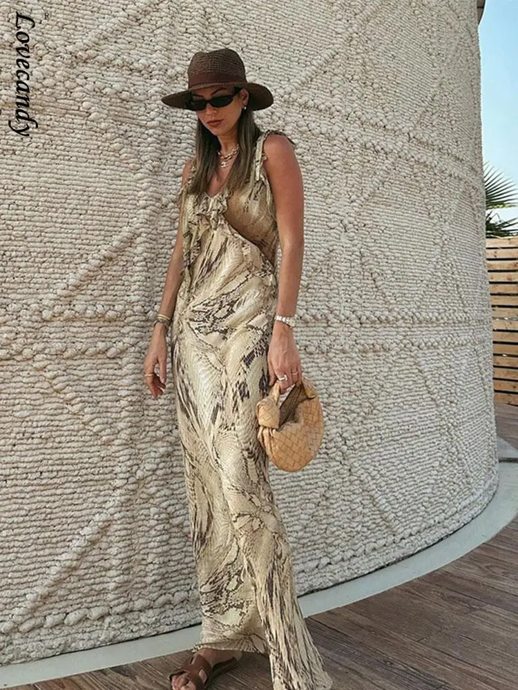 

Summer Printed Suspender Strapless Ruffles Maxi Dress For Women 2023 Backless Deep V Neck Backless Spaghetti Lady Evening Dress