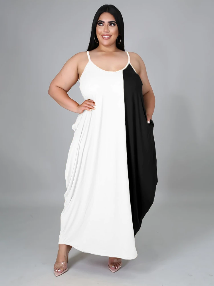 

Женское размера плюс ZJFZML, до щиколотки, на тонких бретелях, без рукавов, с боковыми карманами, контрастные цвета