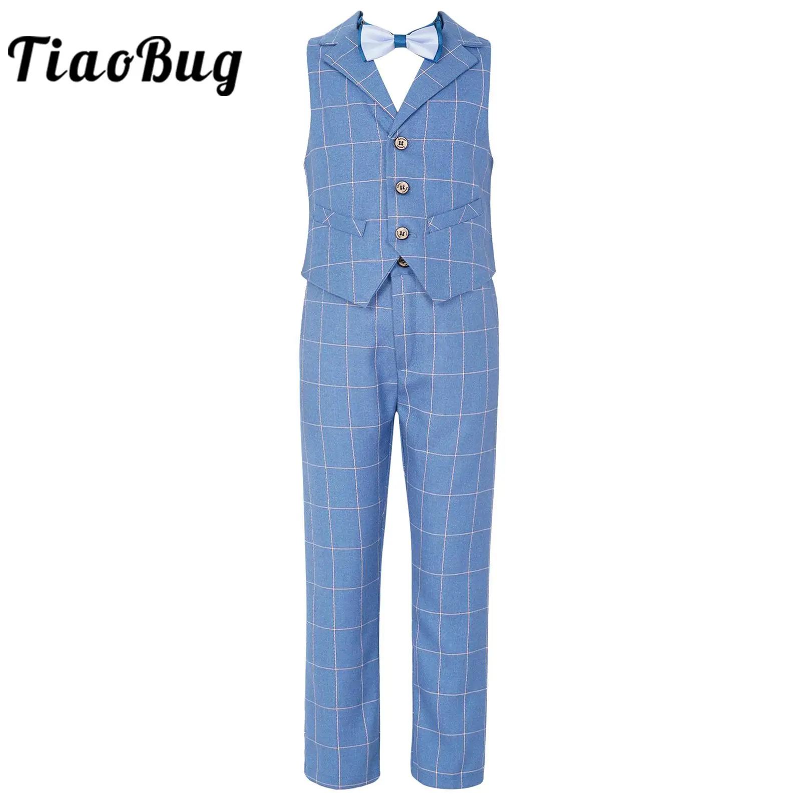 

3Pcs Kids Boys Dress Suits Gentleman Plaid Outfit Birthday Party Formal Occasions Suits for Boy Babys Christening Baptism Wear