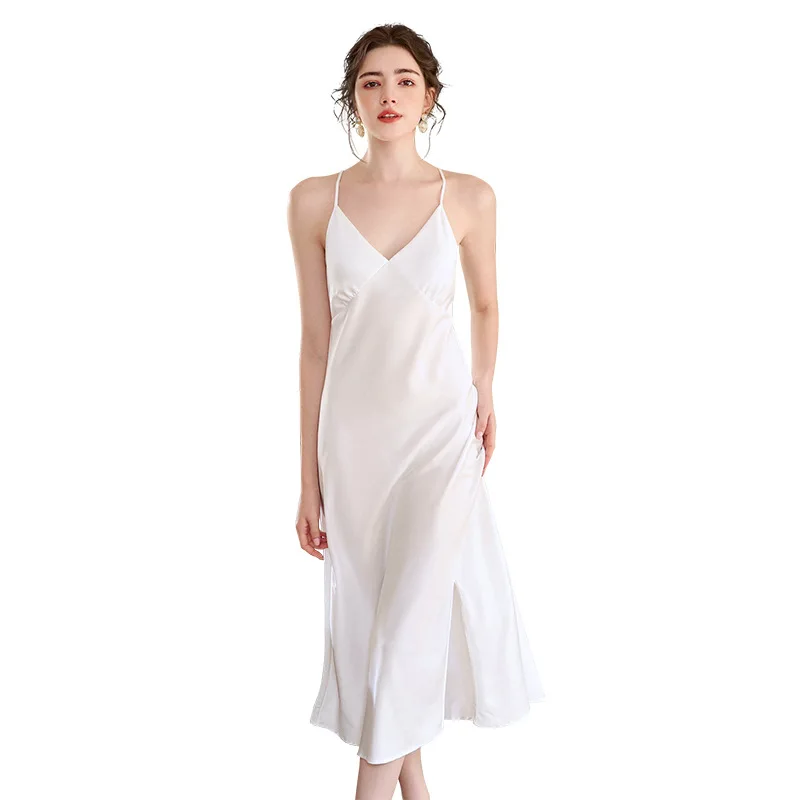 Women Summer Satin Sling Night Dress Sexy Deep V-neck Nightgowns Sleepwear Elegant Slit Sleepshirts Long Backless Home Dresses