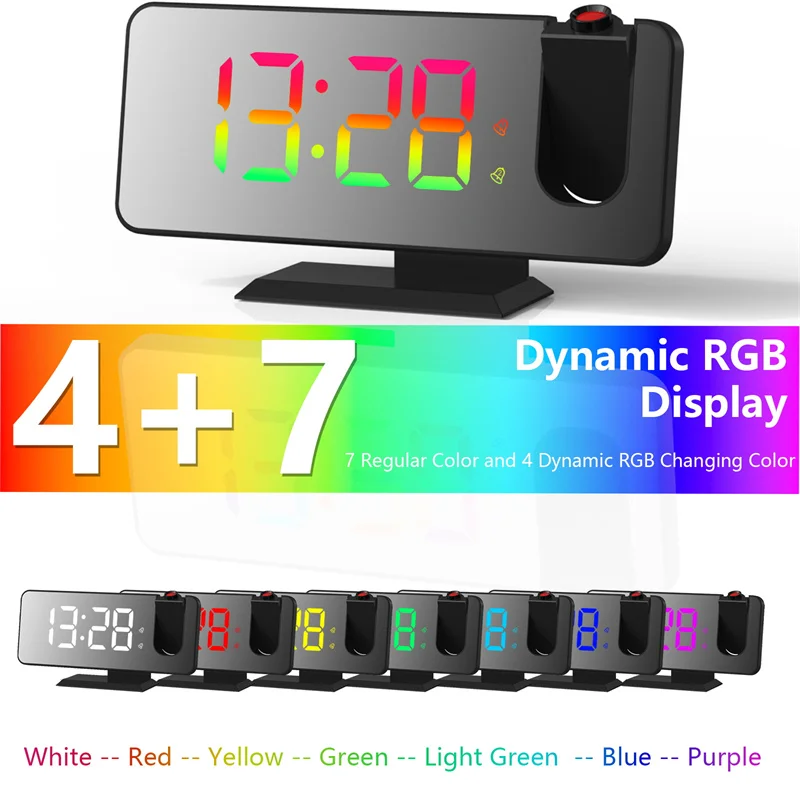 

Динамический RGB проекционный Будильник цифровой авто-затемнение 180 ° вращение проектор настольные часы 12H/24H спальня электронный светодиодн...