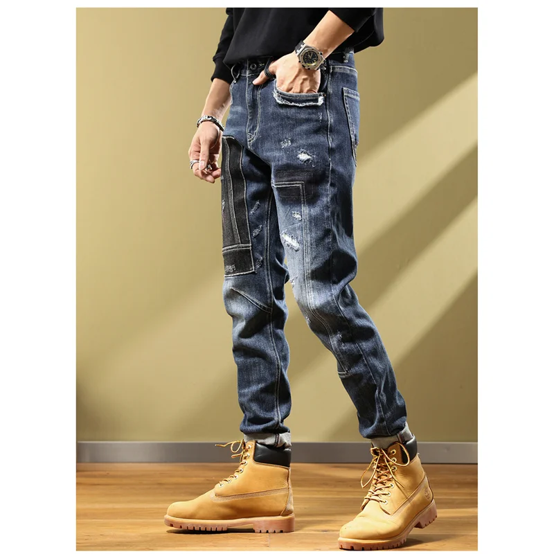 Streetwear Men 2022 Autumn Winter Splicing Color Contrast Jeans Men's High Street Fashion Elastic Patch Loose Oversize Pants