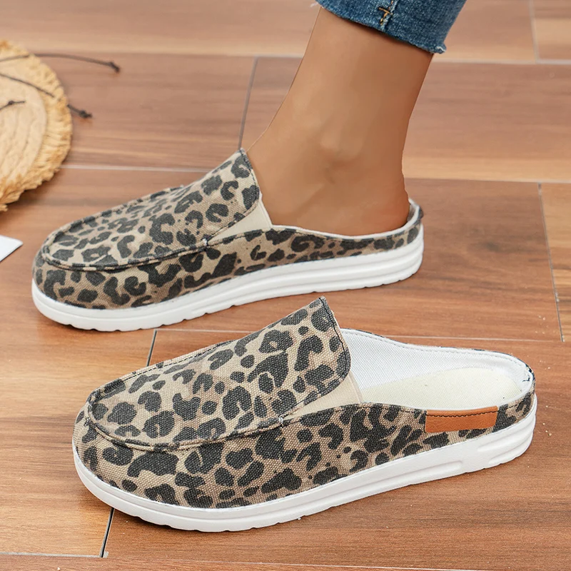 

Leopard Half Slippers Women Cows Pattern Casual Lazy Shoes Retro Light Loafers Cozy Walking Vulcanized Shoes Women Large Size 43