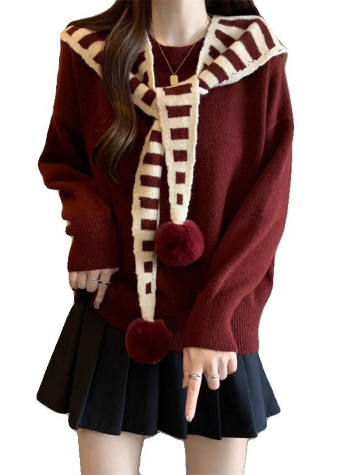 Поддельный двухсекционный шаль вязаный красный пуловер Ankela свитер женский