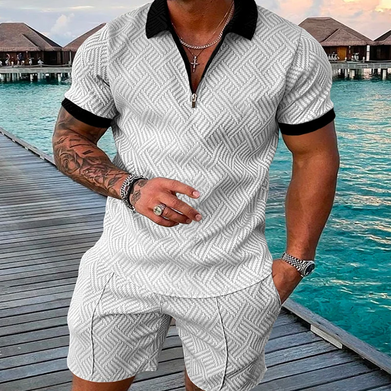 Men's Business Style Polo Shirt Sets Mens Solid Color V-neck Zipper Short Sleeve Polo Shirt+Shorts Two Pieces Man Vintage Suit