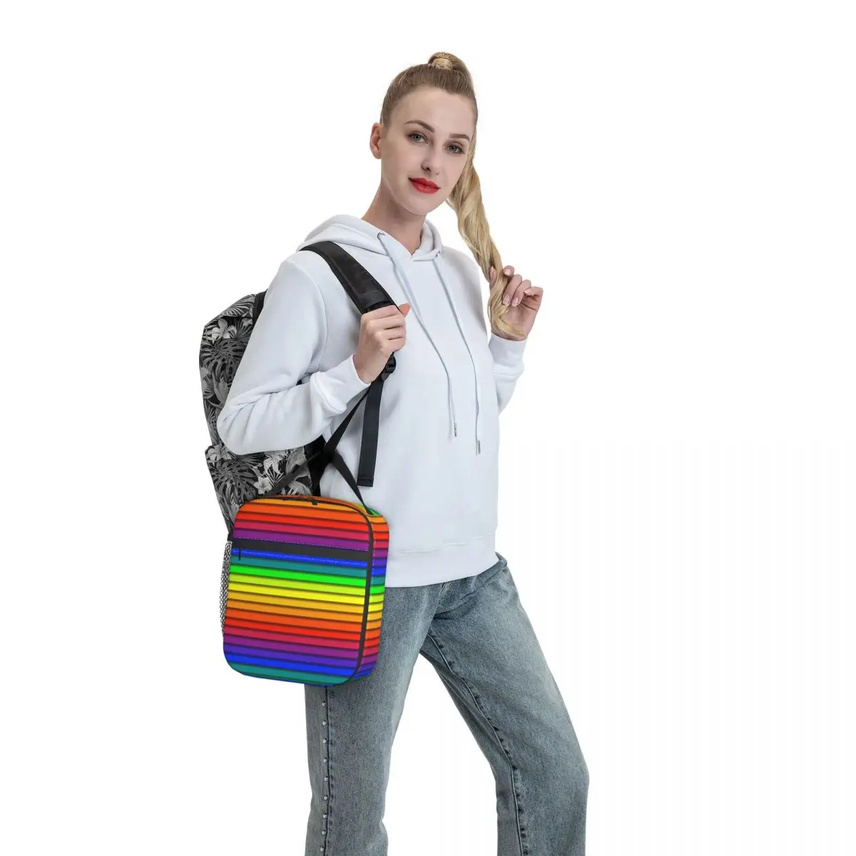 

Rainbow Striped Lunch Bag Horizontal Lines Portable Insulated Lunch Box Work Print Cooler Bag Fun Oxford Thermal Lunch Bags