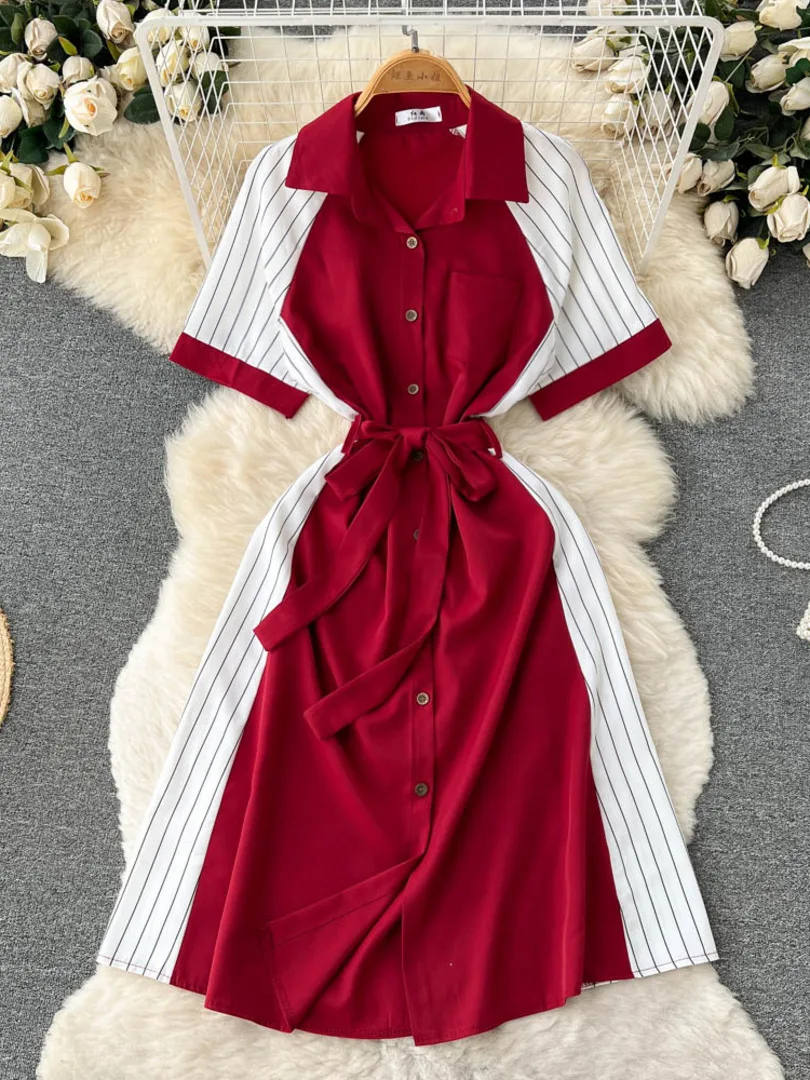 

Foamlina Casual Women Shirt Dress 2022 Summer Fashion Turn-down Collar Short Sleeve Striped Buttons A-line Midi Female Dress