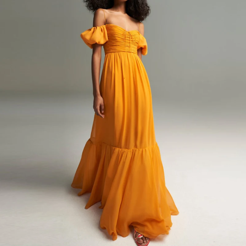 Vacation Bohemian Yellow Chiffon Long Dresses for Women 2022 Summer Boho Clothing Runway Elegant Ruffles Pleated Maxi Dress