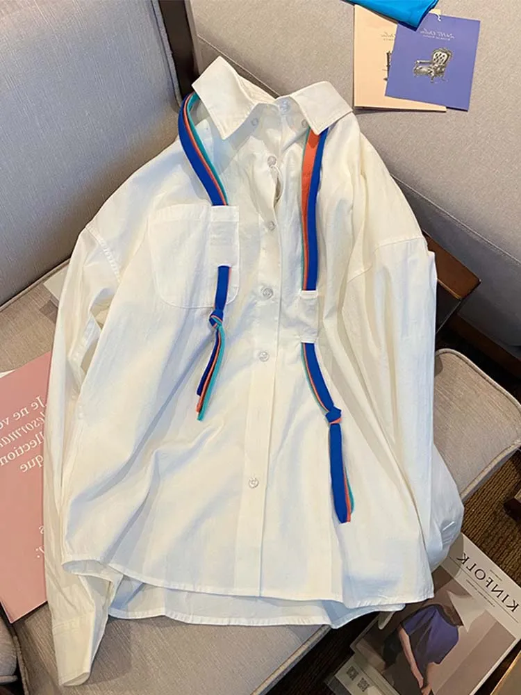 2022 Autumn Fashion Blouses For Ladies Color Woven Belt Design Women Chiffon T-Shirts Fashion Chic Loose All-match Shirts