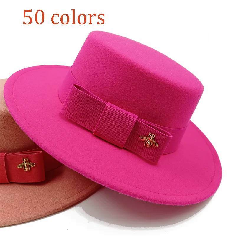 Wholesale Fedora hats Winter round concave convex surface flat top bow elastic ribbon men's and women's felt jazz hats Fedora