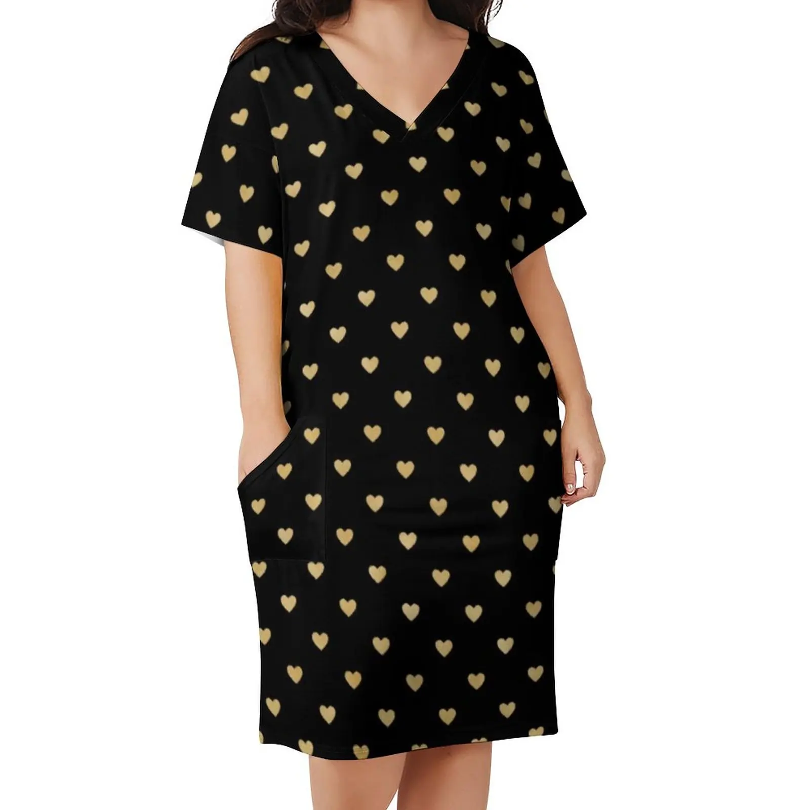 Heart Print Casual Dress Spring Scattered Gold Hearts Modern Dresses Female V Neck Pattern Street Style Dress Plus Size 4XL 5XL