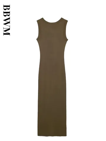 2023 Solid Knitted Dress Summer New Chic O Neck Vintage Sleeveless Slim Midi Dresses Korean Elegant Chic OL Robe Femme