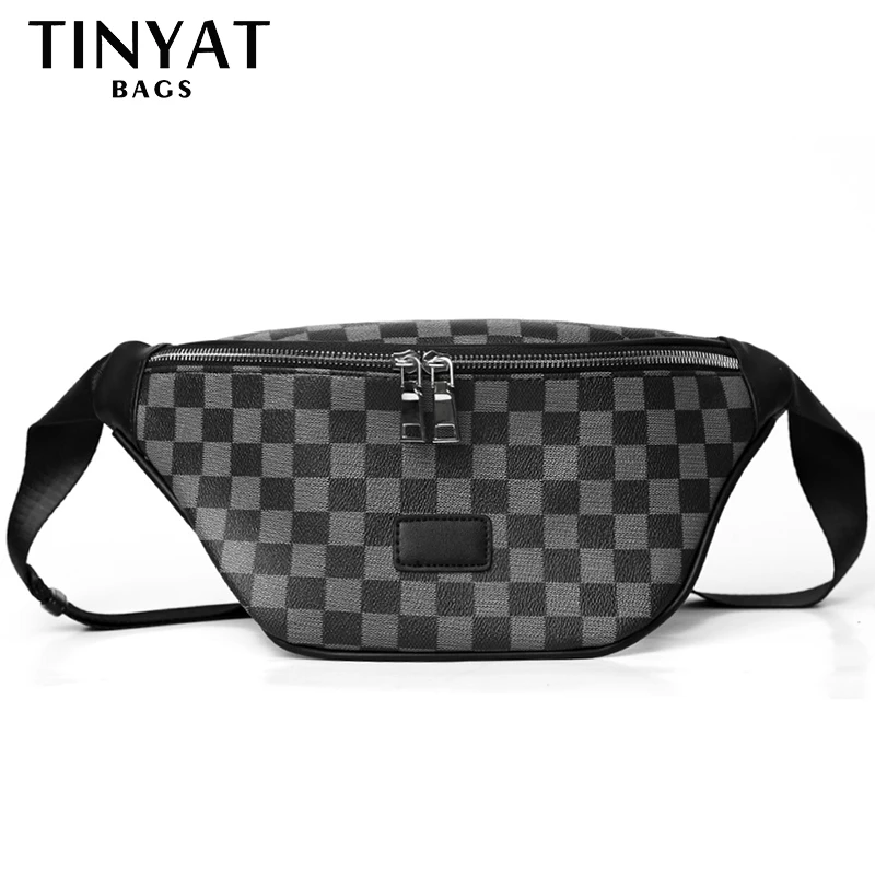 

TINYAT Plaid Print Men Waist Bag Purse Large Phone PU Leather Fanny Pack Travel Belt Bag Pouch Fashion Hip Banana Bag for Women