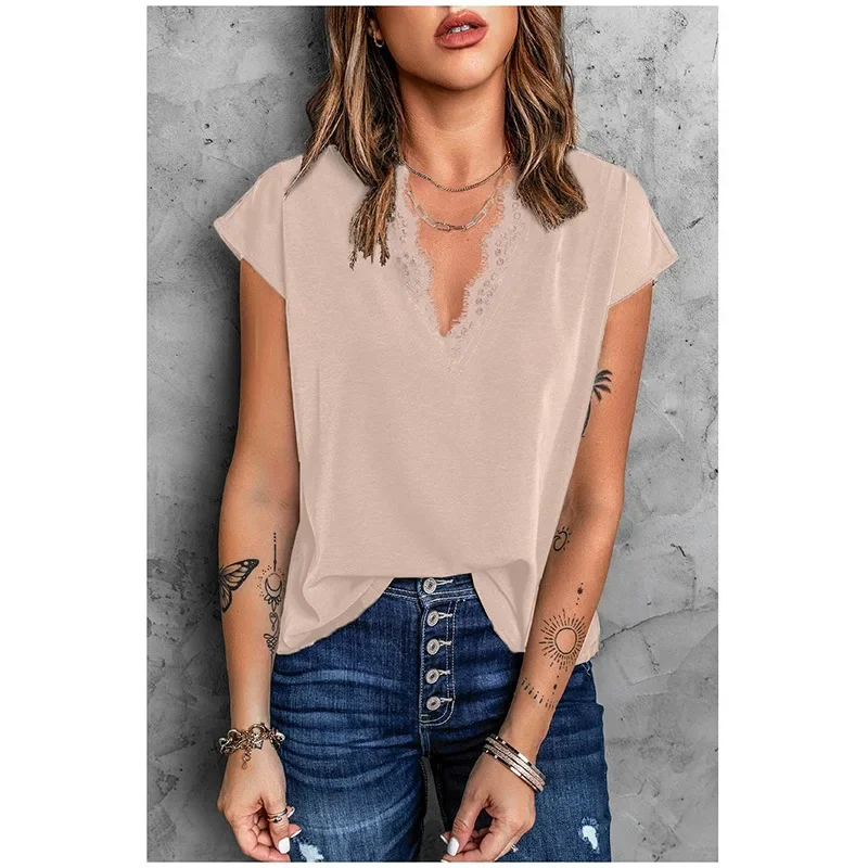 

Летняя 2023 шифоновая кружевная свободная футболка с V-образным вырезом, короткая футболка, женская черная футболка