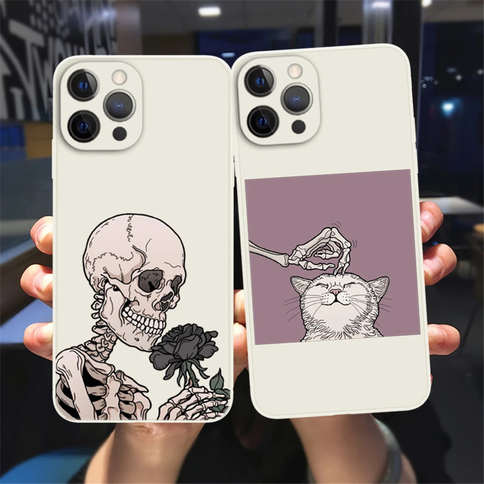

Funny Skeleton Cute cat Phone Case For iPhone14 13 12 11 Pro Max Mini XS X XR SE 7 8 14 Plus Couple Candy color white Soft Cover
