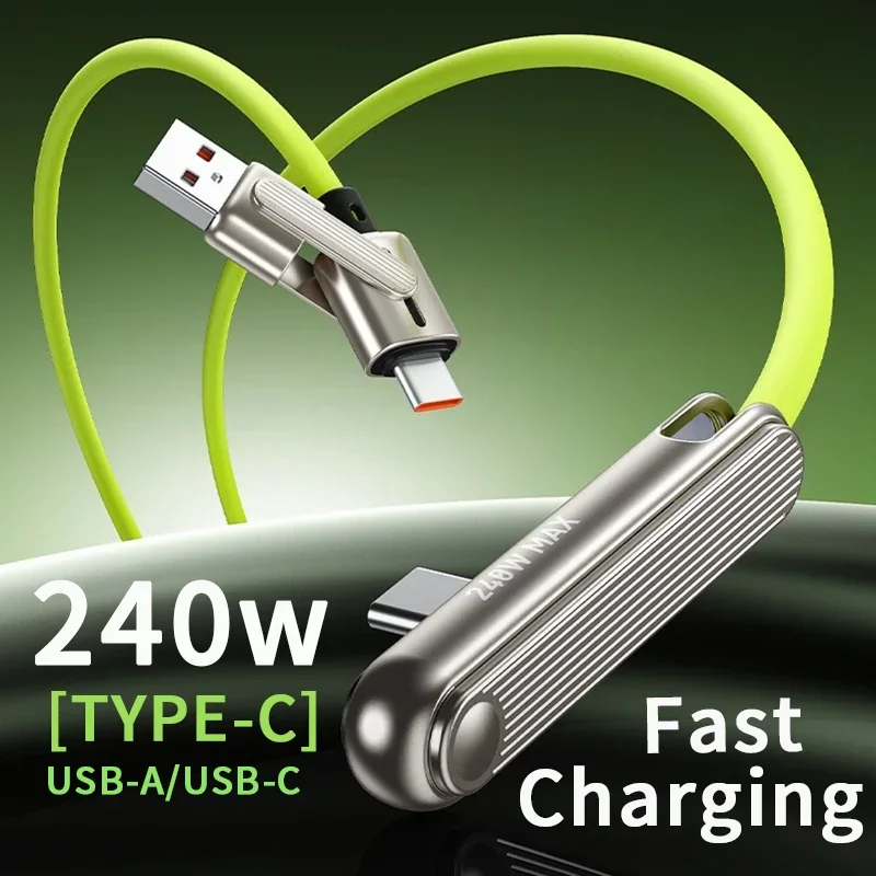 Фото Портативный кабель для быстрой зарядки 240 Вт 2-в-1 USB A/C с Type-C и складной подставкой для телефона/планшета (для iPhone 15, Samsung, Huawei, Xiaomi) №1