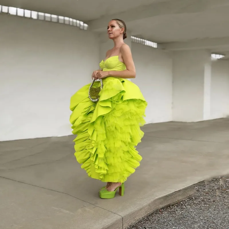 Неоново-зеленое пышное платье для выпускного вечера ярко-зеленое модное