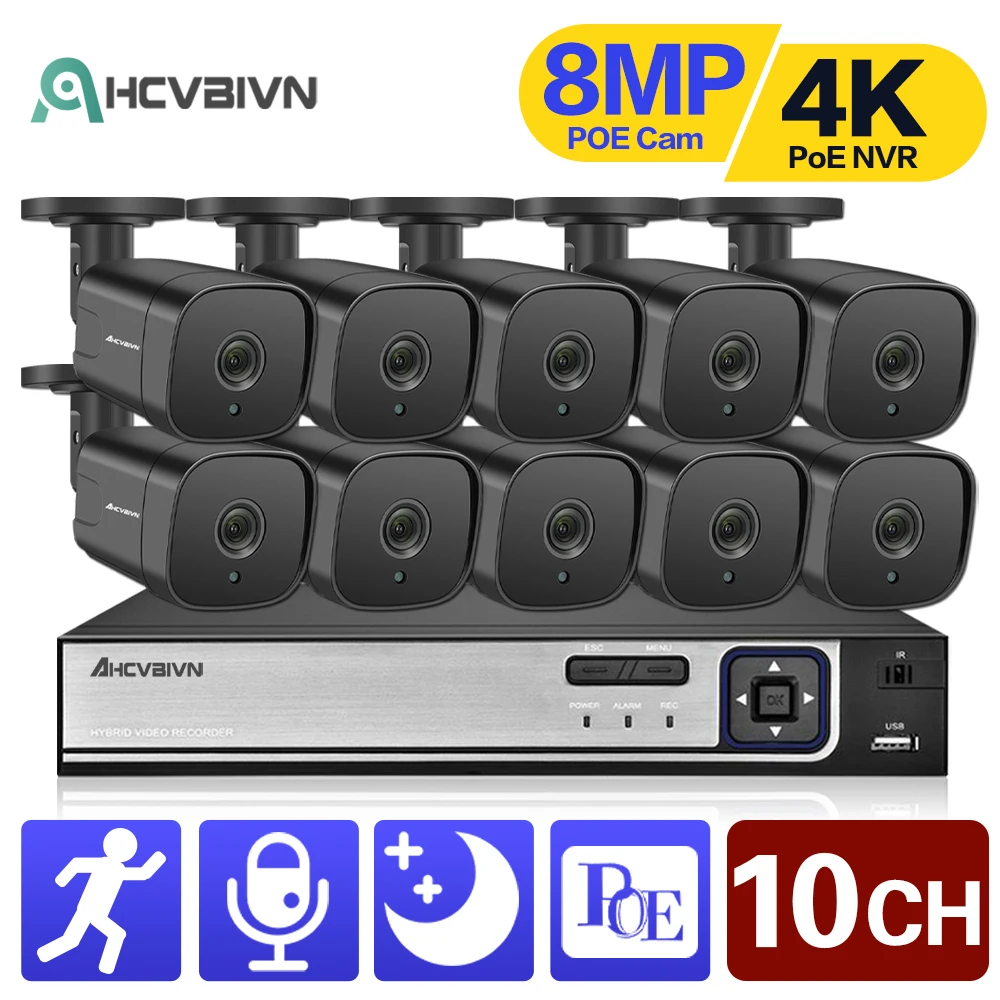 

4K Ultra HD 8MP POE NVR Kit 10CH Human Detection CCTV Security Camera System 8CH IP Bullet Camera Video Surveillance System Set