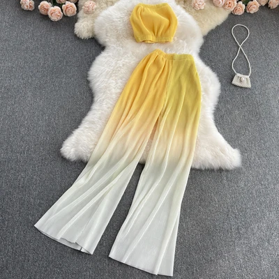 

Women Summer Elegant Fashion Korean Set Sexy Off Shoulder Strapless Short Tops+High Waist Gradient Long Pants Two Piece Suits