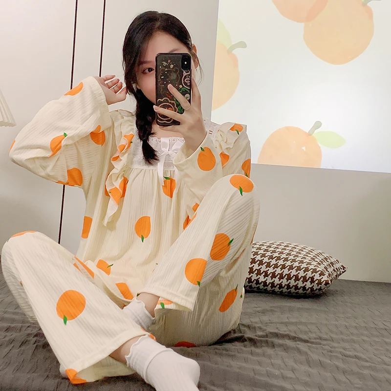 CAIYIER Kawaii Girls Hearts Print Leisure Sleepwear Korean Winter Long Sleeve Long Pants Nightwear For Women Pyjamas Elegant 2XL