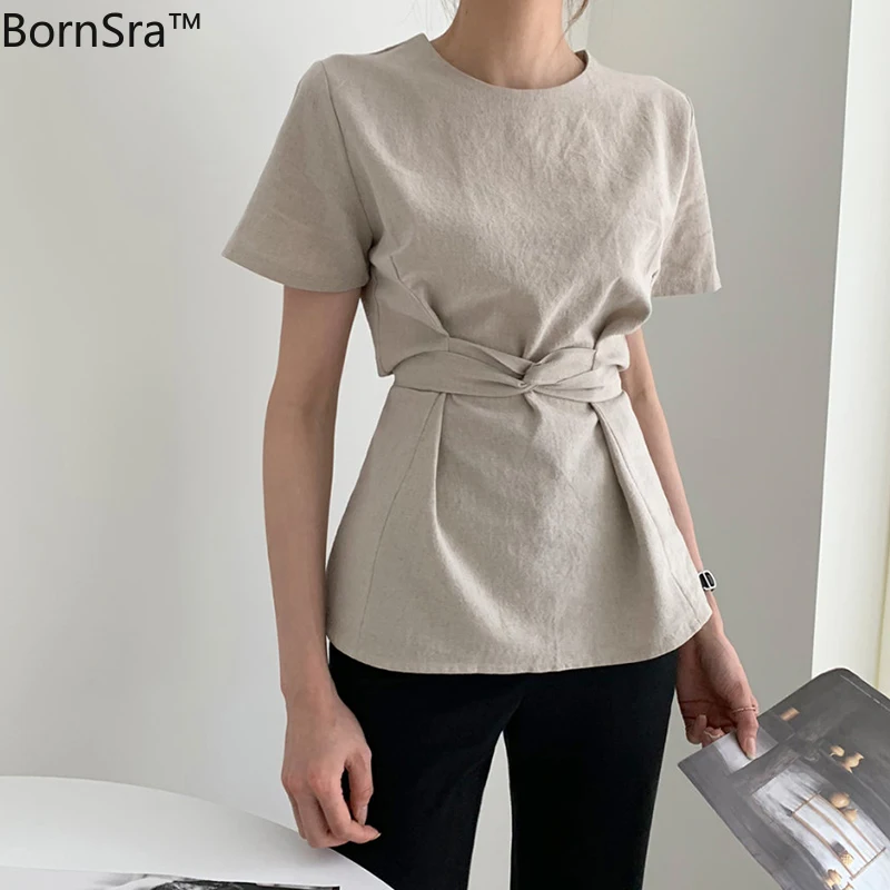 

Bornsra 2020 Cotton Linen Woman Shirt New Summer Web Celebrity Brim with Closed Port Slim Waist Chic O-Neck Solid Casual Tops