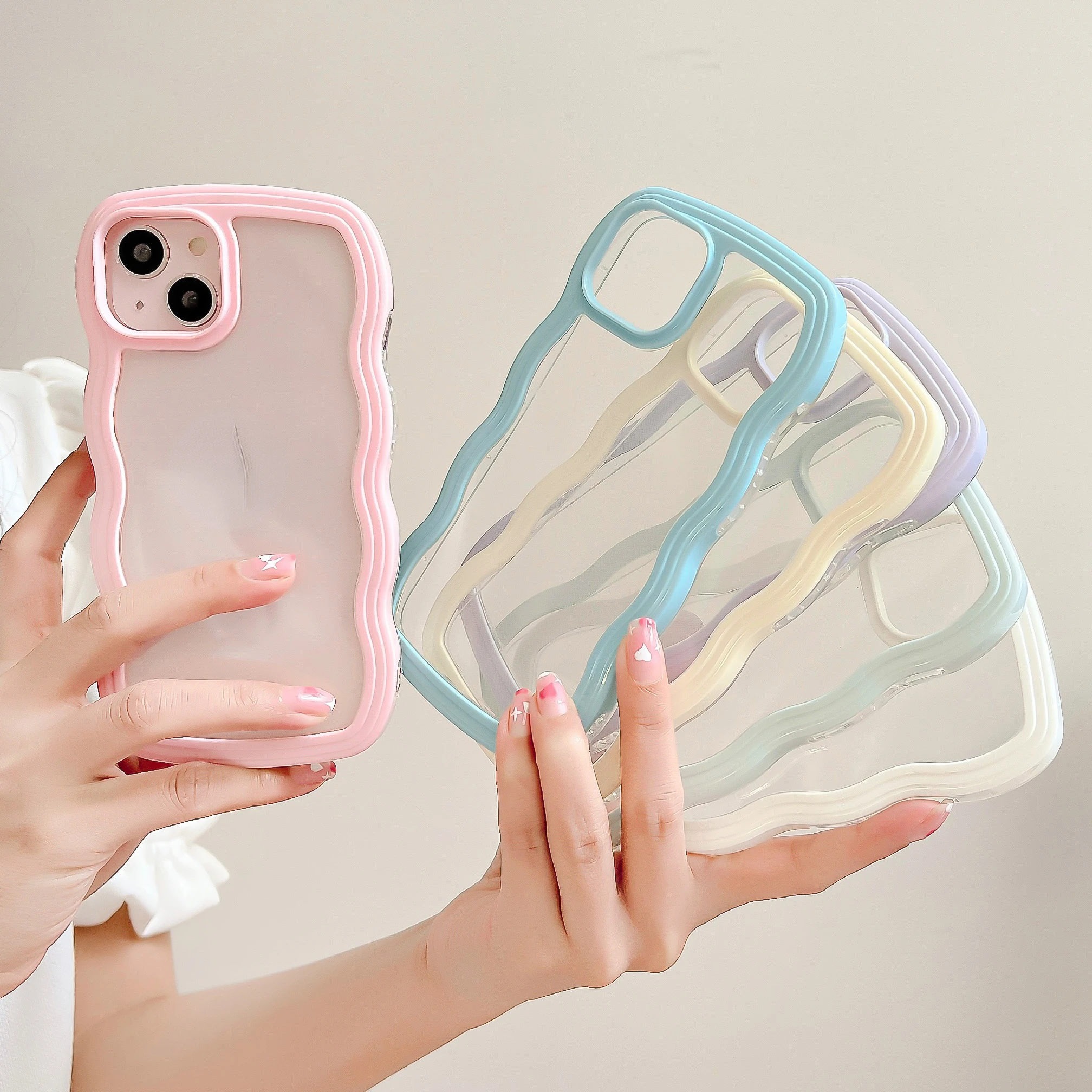 

Free Shipping for iPhone 11 12 13 Pro Max 7 8 X XR XS Hybrid Shockproof Bumper Cover Cute Transparent Curly Wave Case
