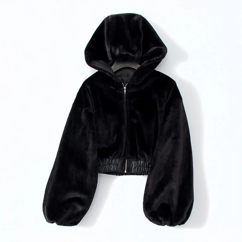 2023 Thick Warm Fashion Gothic Casual Zipper Jackets Black Hooded Outwear Oversize Coats Winter Faux Fur Jacket Women Short Coat