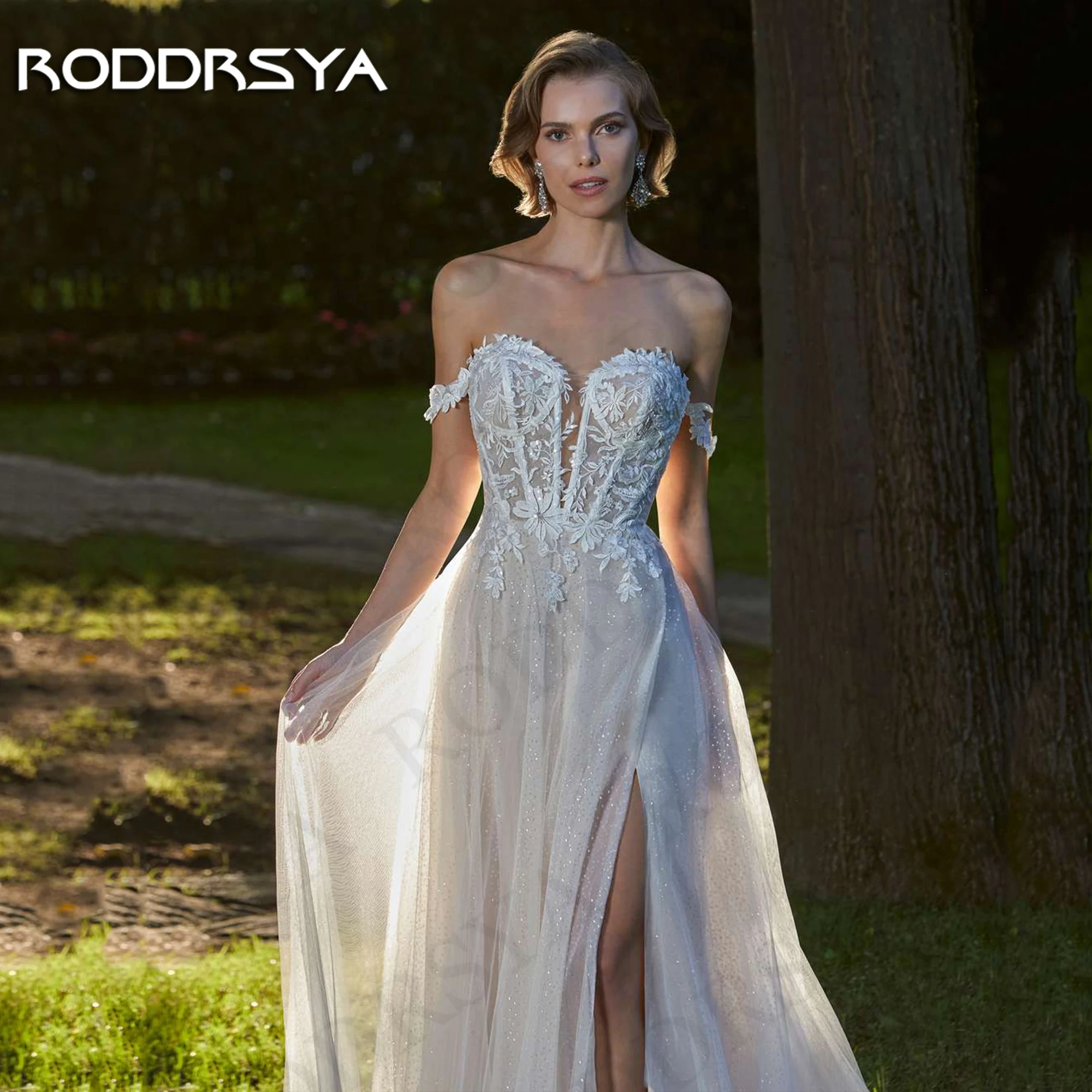 Фото RODDRSYA элегантное блестящее свадебное платье для невесты с разрезом и открытыми плечами тюлевые свадебные платья свадебные женские свадебные платья а-силуэта Элегантные блестящие свадебные платья для невесты  Сплит O №3