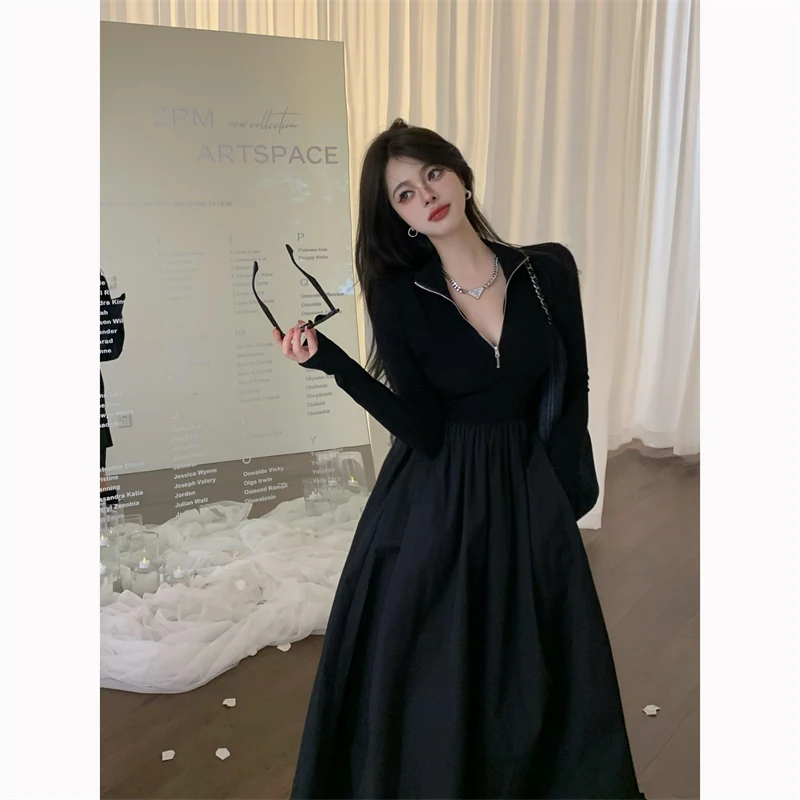 

Maxi Dress Women Chic Patchwork Knitted Vestidos De Mujer 2023 Slim Waist Long Sleeve Big Swing Robe Femme Casual Korean Dresses