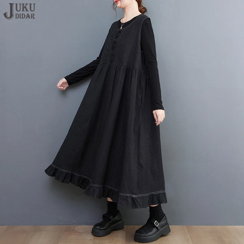 

Женское джинсовое платье без рукавов, однотонное черное свободное повседневное длинное платье большого размера в японском стиле, стильный ...