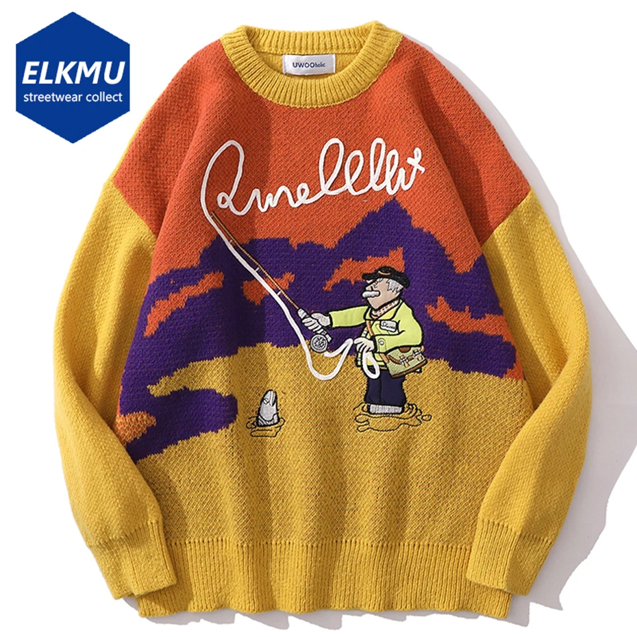 

Vintage Cartoon Pattern Knitted Sweaters Men Autumn Winter Loose Casual Jumpers Pullover Sweater