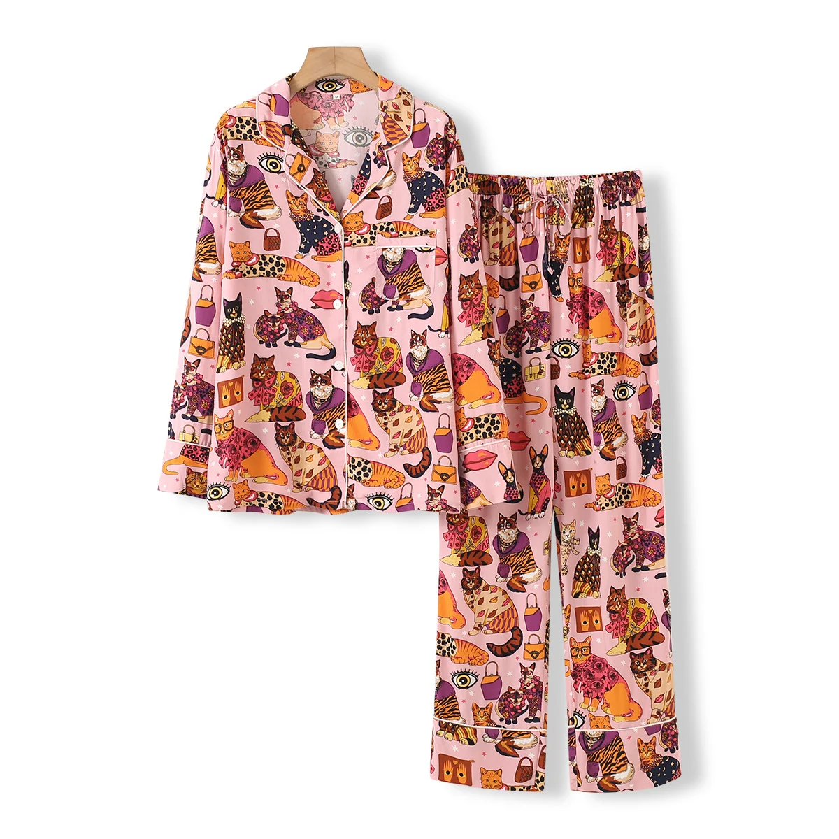 Cute Animals Printed Long Sleeve Trouser Pajamas Suit for Women Home Clothes Cotton Ladies Loungewear Pajamas Set Sleepwear