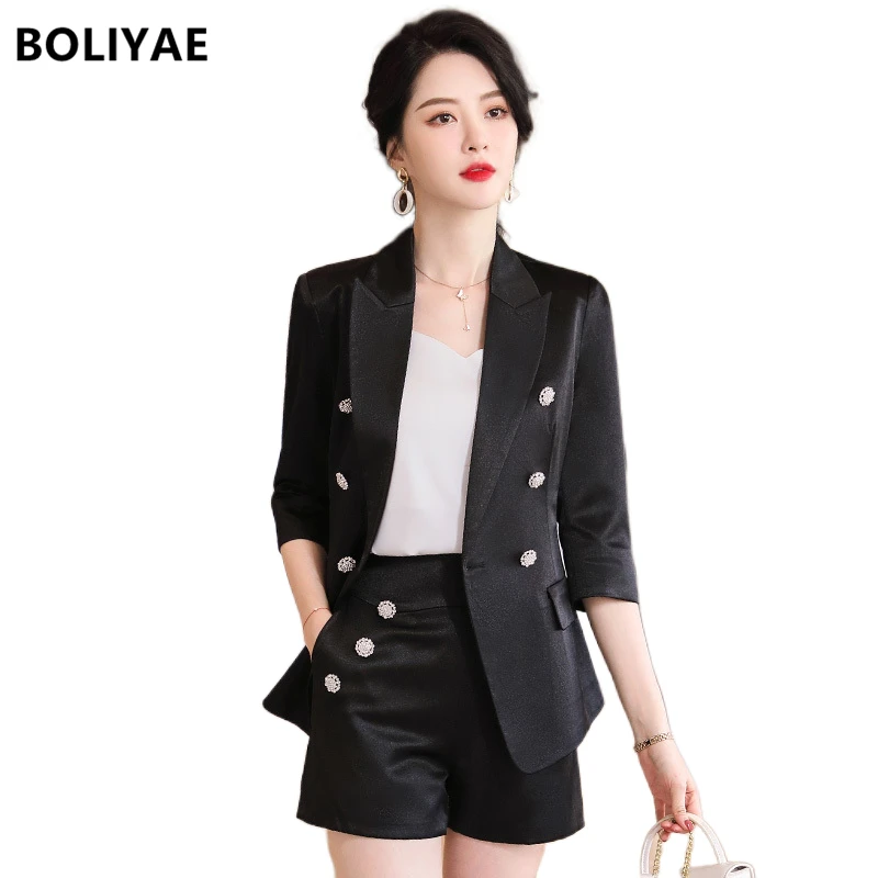 2022 Women Fashion Vintage V Neck Two Pieces OL Middle Sleeve Office Lady Jacket Slim Blazer Coat Female Hight Waist Shorts Suit