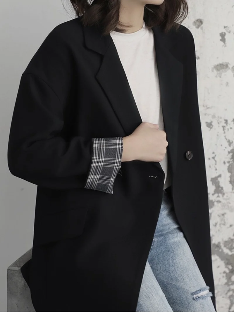 Elegant Lapel Single Button Black Blazer Spring Autumn Gray Vintage Jacket Coat Ladies Workwear Female Formal Clothes 2023 Women