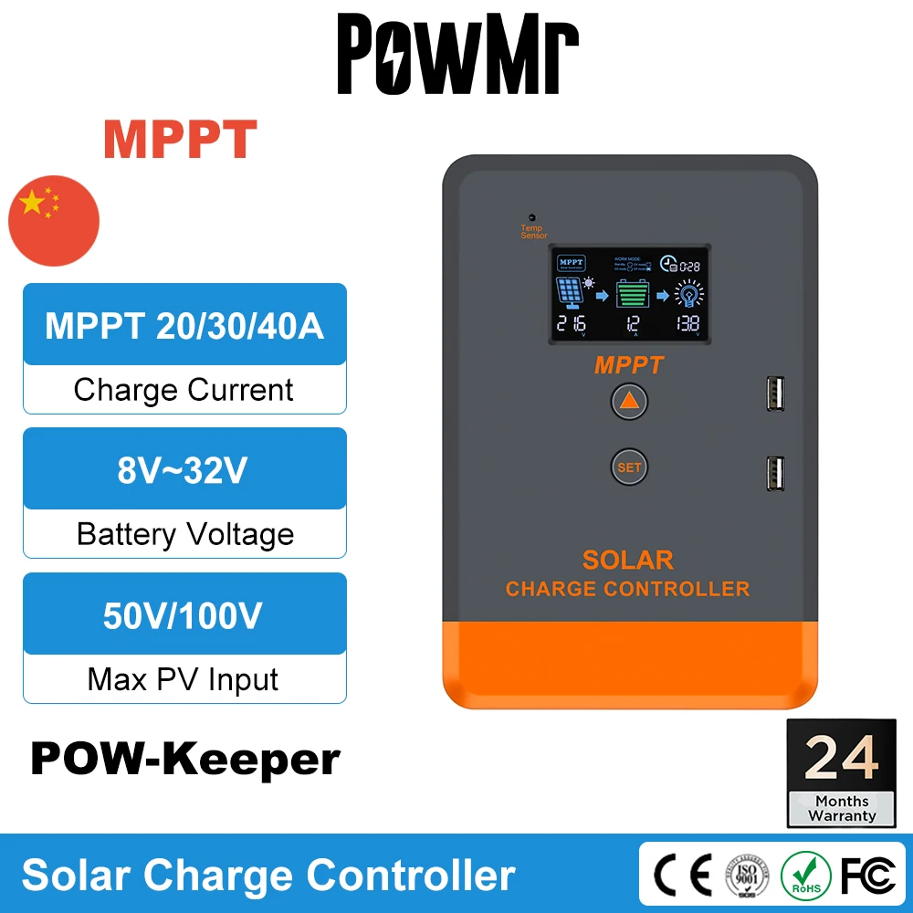 

PowMr Solar Controller 12V 24V 20A 30A 40A 100% MPPT Charger Regulator Max PV 55V 100V Dual USB Charging Controlador De Carga