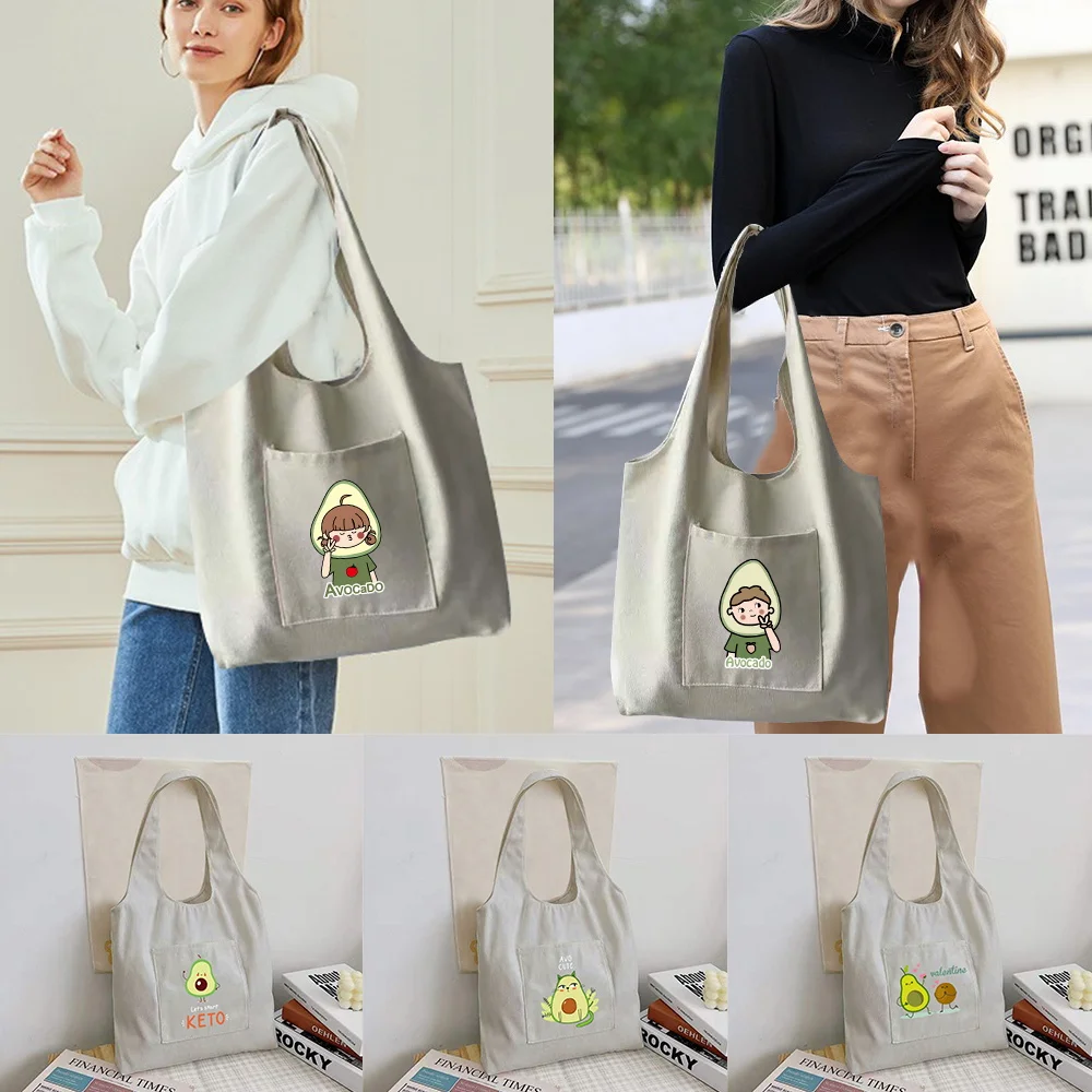 

Shopping Bag Foldable Student Canvas Shoulder Bag Avocado Printed Ladies Shopper Bag Travel Tote Work Handbag Organizer