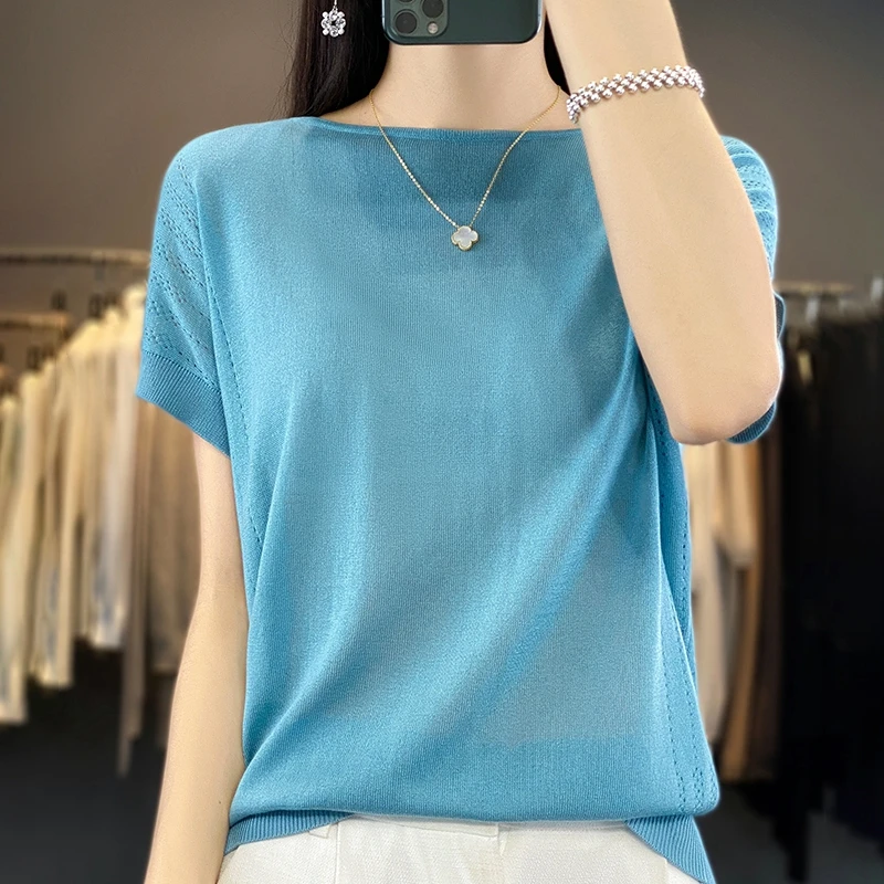

New Tencel Crewneck Knitted Short-Sleeved T-Shirt In Summer Women's Hollow Vest Loose Casual Pullover Top