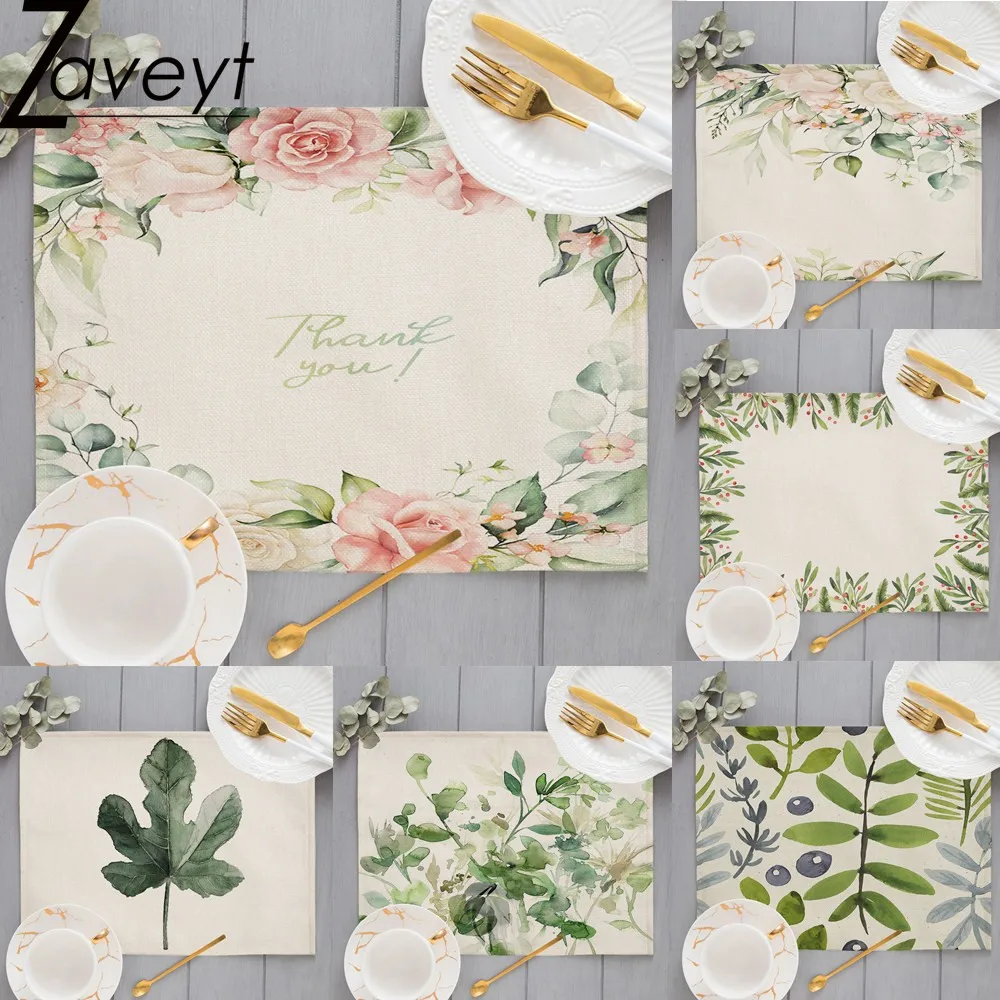 

WaterColor Vintage Rose Flower Dining Mat Fresh Abstract Green Leaf Branch Garland Print Linen Placemat for Table Drink Coaster