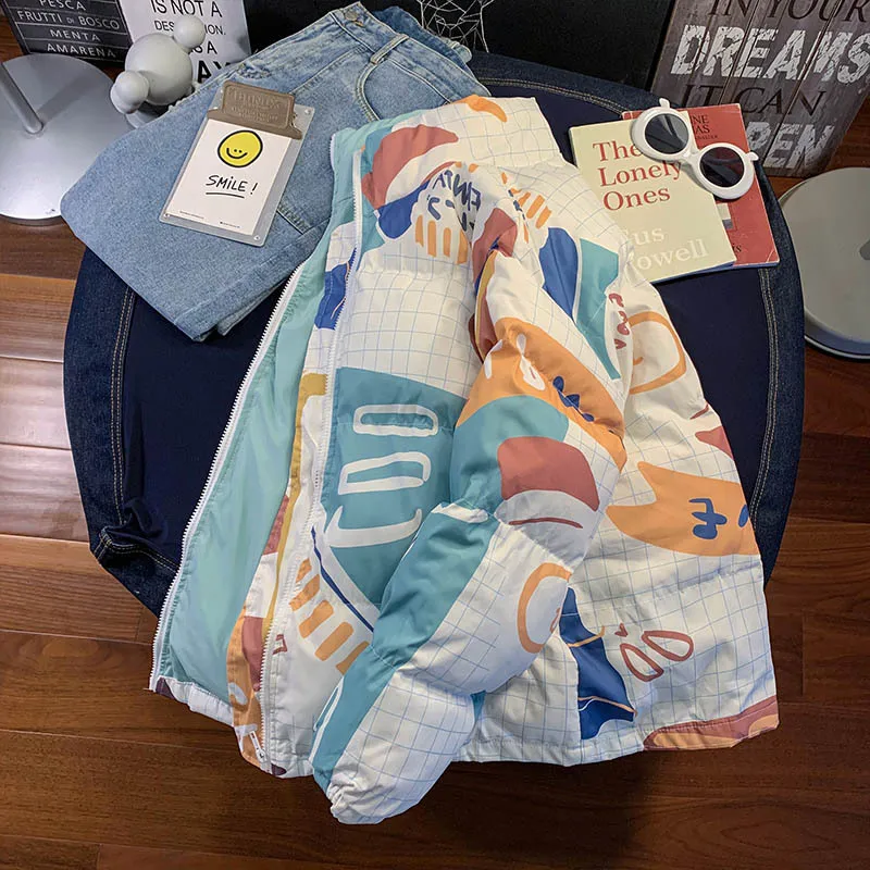 2022 New Winter Double-sided Parkas Harajuku Solid Color Print Cartoon Unisex Winter Jackets for Men Streetwear Women Coat Zip