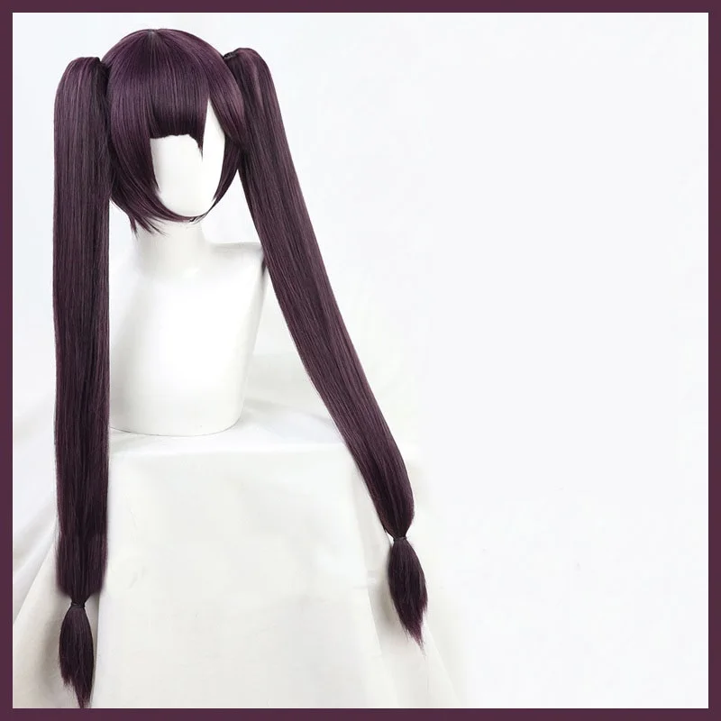 

Genshin Impact Cosplay Mona Wig Long Straight Twin Ponytails Bangs Dark Purple Heat Resistant Hair Adult Halloween Role Play